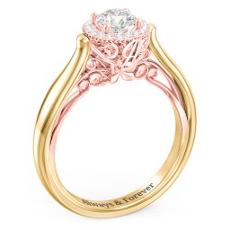 Classic Halo Diamond Engagement Ring and Butterfly and Scroll Details - "The Sophia" in 9K Solid Yellow Gold with Diamond