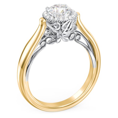 Classic Halo Diamond Engagement Ring and Butterfly and Scroll Details - "The Sophia" – 9kt Yellow Gold with Lab Diamond