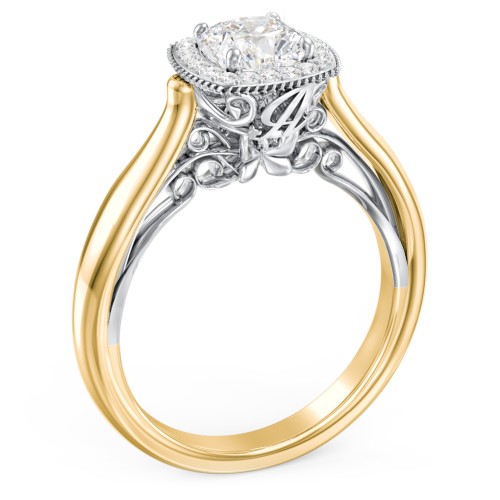 Classic Halo Diamond Engagement Ring and Butterfly and Scroll Details - "The Sophia" – 9kt Yellow Gold with Lab Diamond