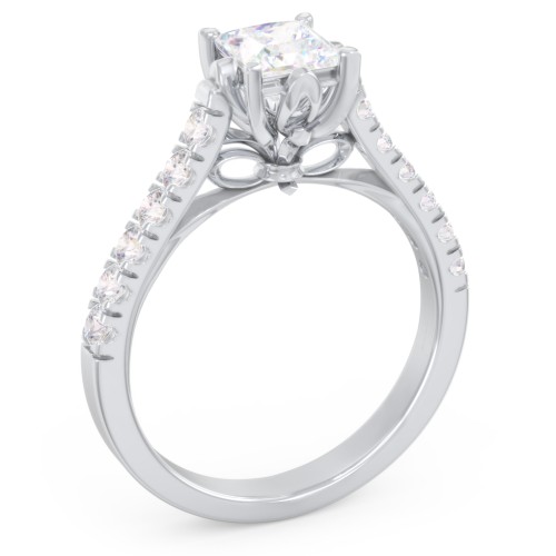 Solitaire Diamond Engagement Ring with Accents and Bow Detail – 14K White Gold with Lab Diamond
