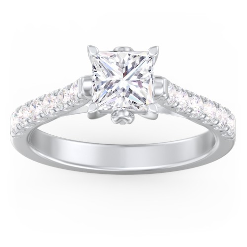 Solitaire Diamond Engagement Ring with Accents and Bow Detail – 14K White Gold with Lab Diamond