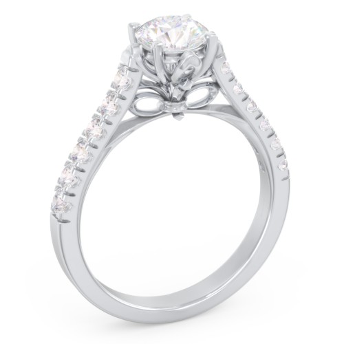 Solitaire Diamond Engagement Ring with Accents and Bow Detail – 14K White Gold with Lab Diamond