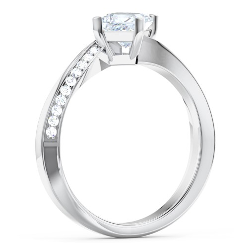 Solitaire Engagement Ring with Twisted Shoulder Accents – 14K White Gold with Lab Diamond