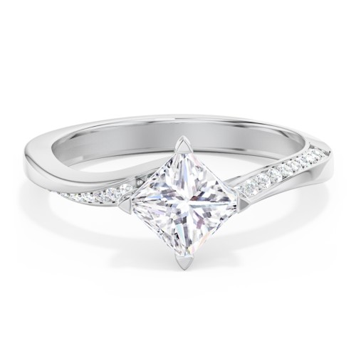 Solitaire Engagement Ring with Twisted Shoulder Accents – 14K White Gold with Lab Diamond