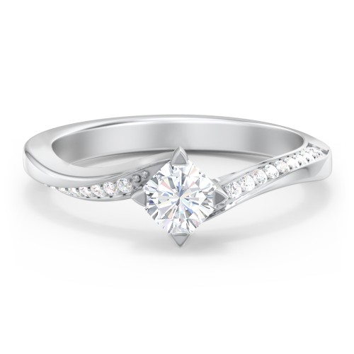 Solitaire Engagement Ring with Twisted Shoulder Accents – 14K White Gold with Lab Diamond