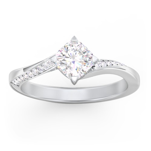 Solitaire Engagement Ring with Twisted Shoulder Accents – 14K White Gold with Lab Diamond