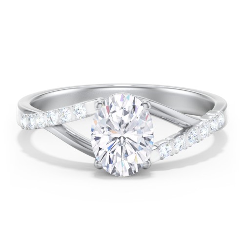 Solitaire Diamond Engagement Ring with Twisted Split Shank and Accents – 14K White Gold with Lab Diamond