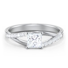 Solitaire Diamond Engagement Ring with Twisted Split Shank and Accents – 14K White Gold with Lab Diamond