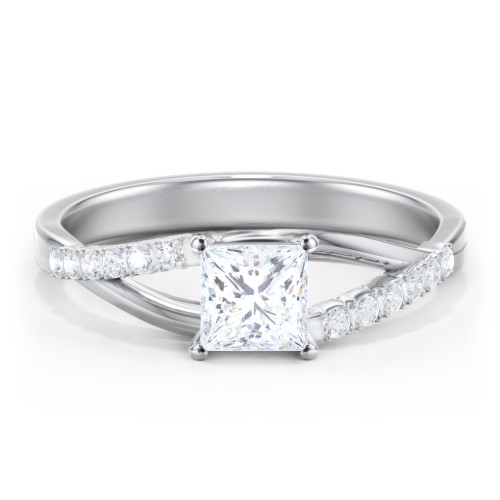 Solitaire Diamond Engagement Ring with Twisted Split Shank and Accents – 14K White Gold with Lab Diamond