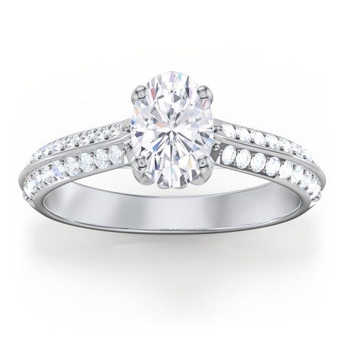 Diamond Solitaire Engagement Ring with Double Row Accents – 14K White Gold with Diamond