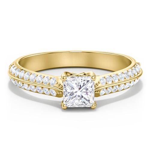 Diamond Solitaire Engagement Ring with Double Row Accents – 9kt Yellow Gold with Diamond