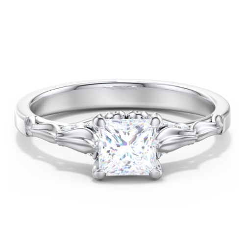 Vintage Diamond Solitaire Ring with Side Accent Stones – 14K White Gold with Lab Diamond