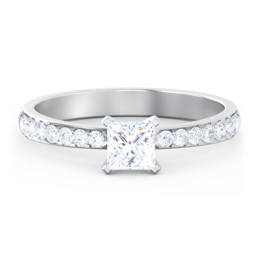 Engagement Ring with Graduated Side Stones – 14K White Gold with Lab Diamond