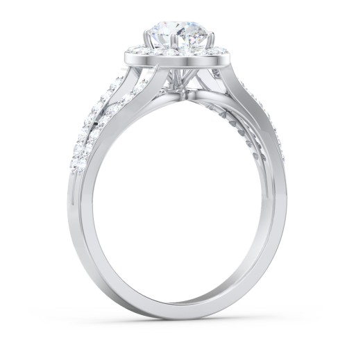Diamond Halo Engagement Ring with Split Shank and Accents – 14K White Gold with Lab Diamond
