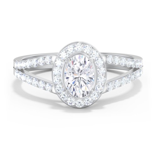 Diamond Halo Engagement Ring with Split Shank and Accents – 14K White Gold with Lab Diamond