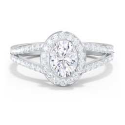 Diamond Halo Engagement Ring with Split Shank and Accents
