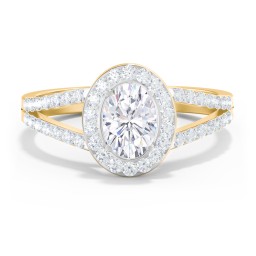 Diamond Halo Engagement Ring with Split Shank and Accents in 9K Solid Yellow Gold