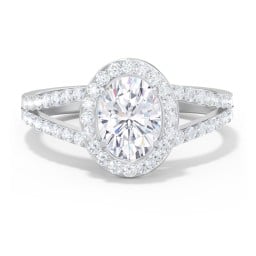 Diamond Halo Engagement Ring with Split Shank and Accents