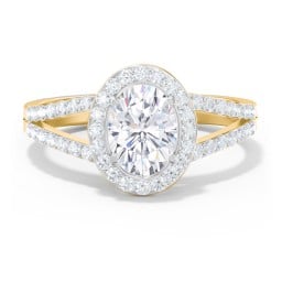 Diamond Halo Engagement Ring with Split Shank and Accents
