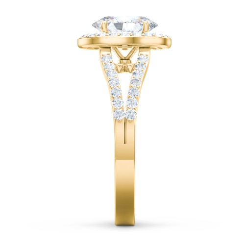 Diamond Halo Engagement Ring with Split Shank and Accents – 9kt Yellow Gold with Lab Diamond
