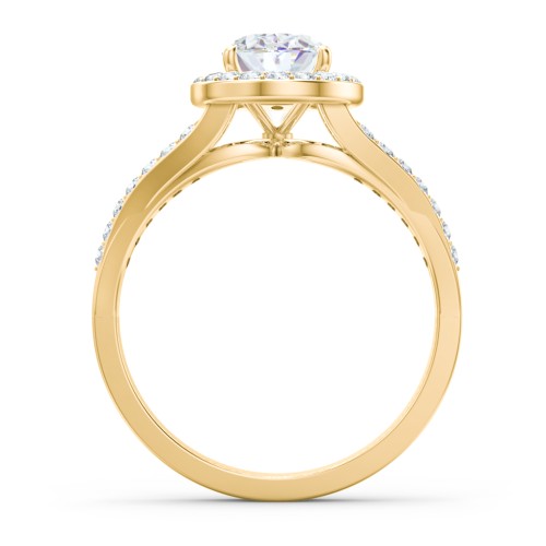 Diamond Halo Engagement Ring with Split Shank and Accents – 9kt Yellow Gold with Lab Diamond