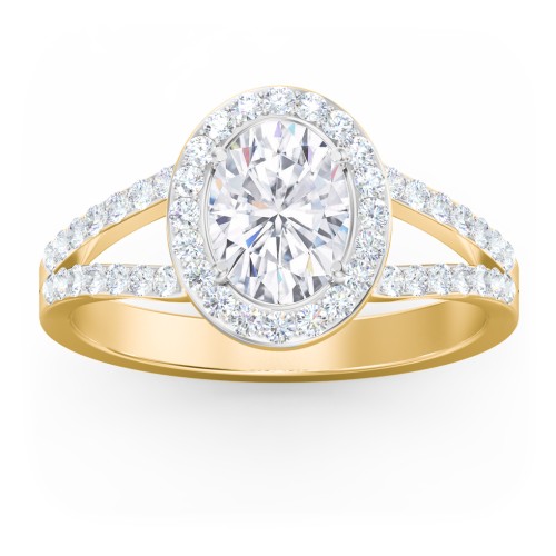 Diamond Halo Engagement Ring with Split Shank and Accents – 9kt Yellow Gold with Lab Diamond