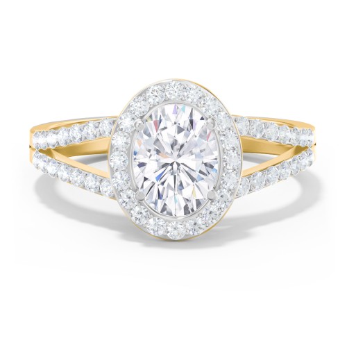 Diamond Halo Engagement Ring with Split Shank and Accents – 9kt Yellow Gold with Lab Diamond