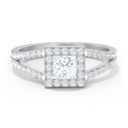 Diamond Halo Engagement Ring with Split Shank and Accents