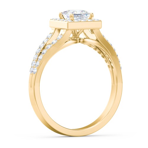 Diamond Halo Engagement Ring with Split Shank and Accents – 9kt Yellow Gold with Lab Diamond