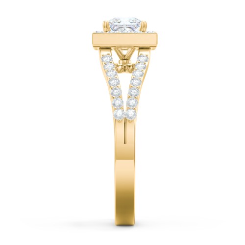 Diamond Halo Engagement Ring with Split Shank and Accents – 9kt Yellow Gold with Lab Diamond