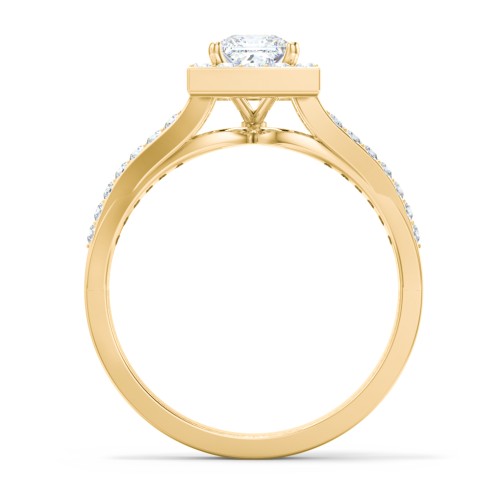 Diamond Halo Engagement Ring with Split Shank and Accents – 9kt Yellow Gold with Lab Diamond