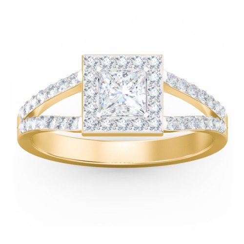 Diamond Halo Engagement Ring with Split Shank and Accents – 9kt Yellow Gold with Lab Diamond