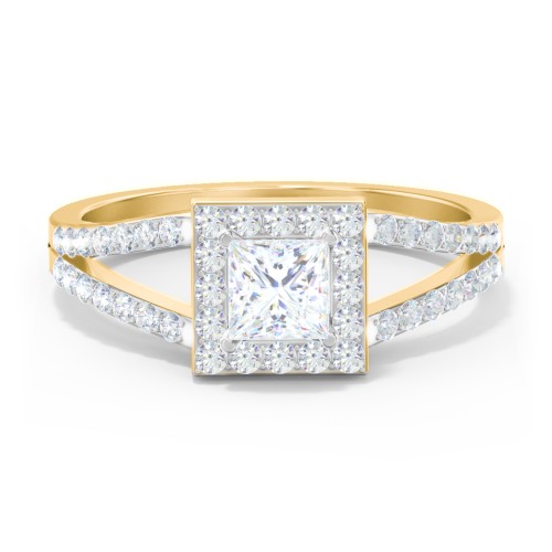 Diamond Halo Engagement Ring with Split Shank and Accents – 9kt Yellow Gold with Lab Diamond