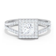 Diamond Halo Engagement Ring with Split Shank and Accents