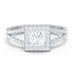 Diamond Halo Engagement Ring with Split Shank and Accents
