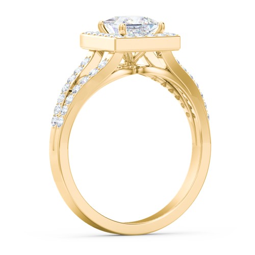 Diamond Halo Engagement Ring with Split Shank and Accents – 9kt Yellow Gold with Lab Diamond
