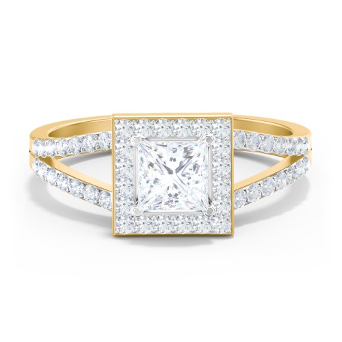 Diamond Halo Engagement Ring with Split Shank and Accents – 9kt Yellow Gold with Lab Diamond