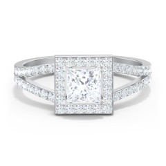 Diamond Halo Engagement Ring with Split Shank and Accents – 14K White Gold with Lab Diamond