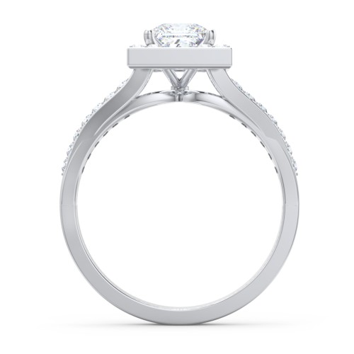 Diamond Halo Engagement Ring with Split Shank and Accents – 14K White Gold with Lab Diamond