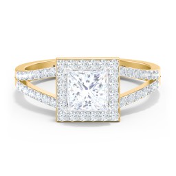 Diamond Halo Engagement Ring with Split Shank and Accents in 9K Solid Yellow Gold with 04LABDIAM-PC-1.00-SI1-F-G and Lab Diamond