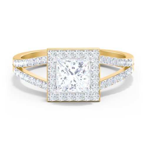 Diamond Halo Engagement Ring with Split Shank and Accents – 9kt Yellow Gold with Lab Diamond