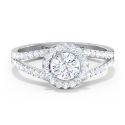Diamond Halo Engagement Ring with Split Shank and Accents