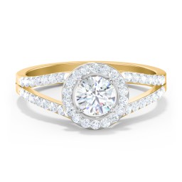 Diamond Halo Engagement Ring with Split Shank and Accents in 9K Solid Yellow Gold