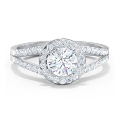 Diamond Halo Engagement Ring with Split Shank and Accents