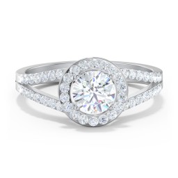 Diamond Halo Engagement Ring with Split Shank and Accents