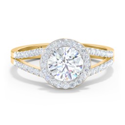 Diamond Halo Engagement Ring with Split Shank and Accents in 9K Solid Yellow Gold with 04LABDIAM-RD-1.00-SI1-F-VG and Lab Diamond