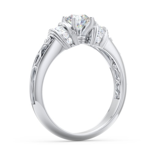 Vintage Solitaire Engagement Ring with Shoulder Accents and Sculptural Band – 14K White Gold with Diamond