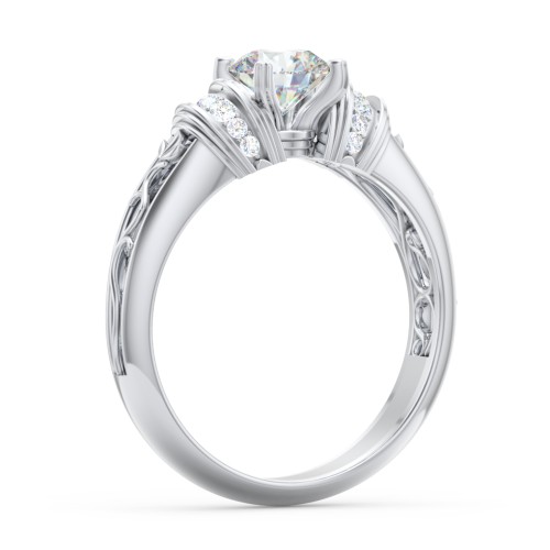 Vintage Solitaire Engagement Ring with Shoulder Accents and Sculptural Band – 14K White Gold with Diamond