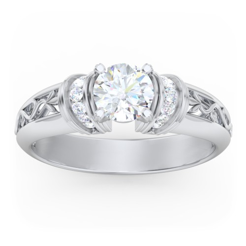 Vintage Solitaire Engagement Ring with Shoulder Accents and Sculptural Band – 14K White Gold with Diamond