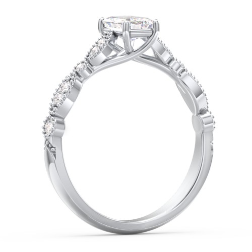 Vintage Diamond Ring with Milgrain Leaves and Accents – 14K White Gold with Lab Diamond